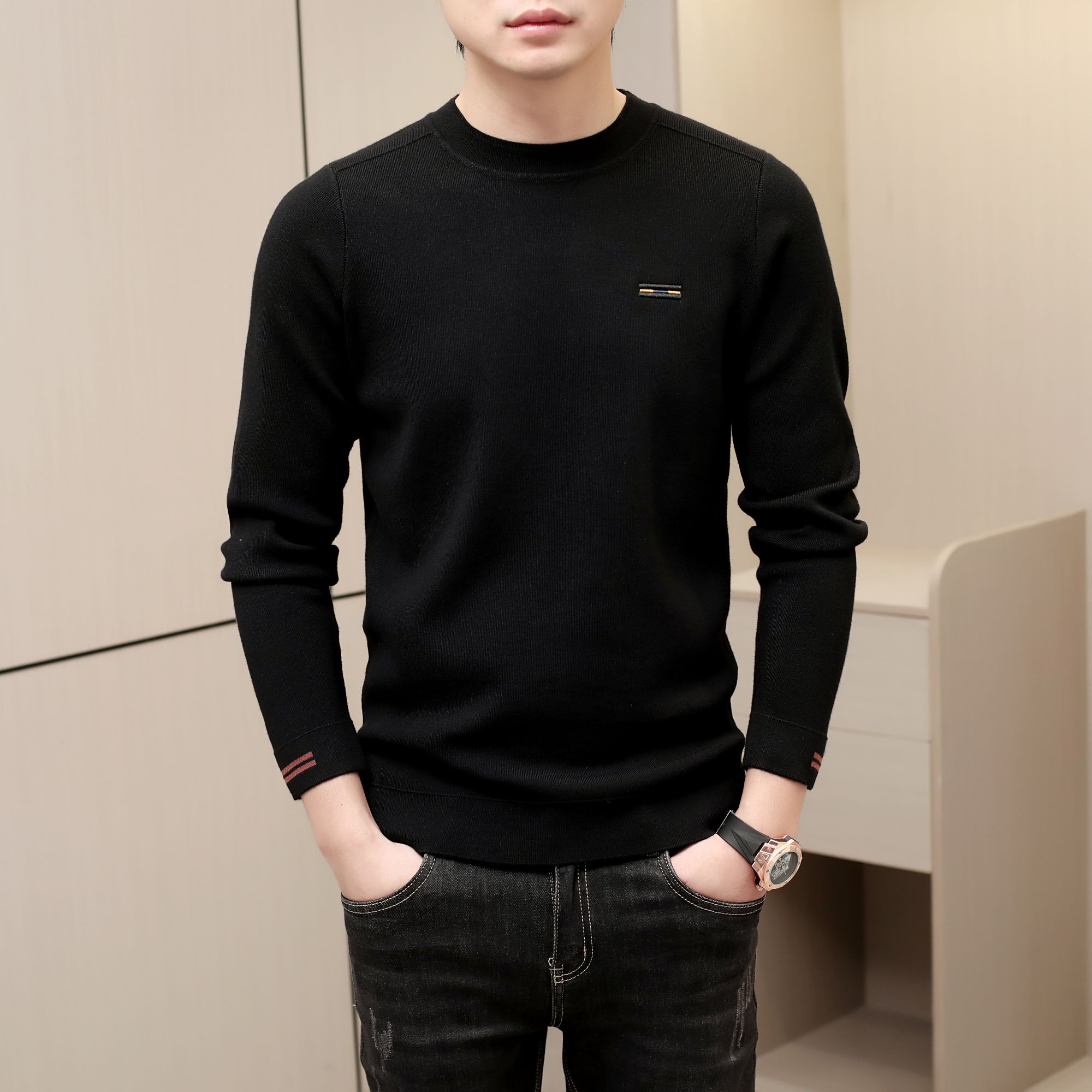 男士秋冬毛衣绣花简约纯色高品质商务潮流圆领针织加厚保暖打底衫