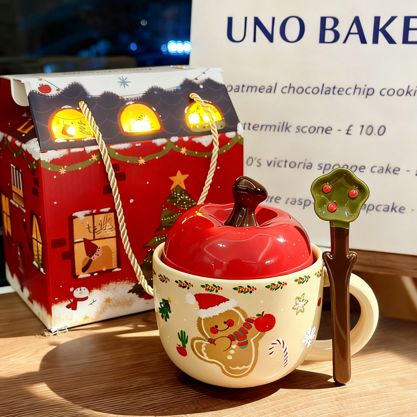 可爱圣诞苹果陶瓷马克杯子带盖勺圣诞节送女生有意义生日礼物水杯