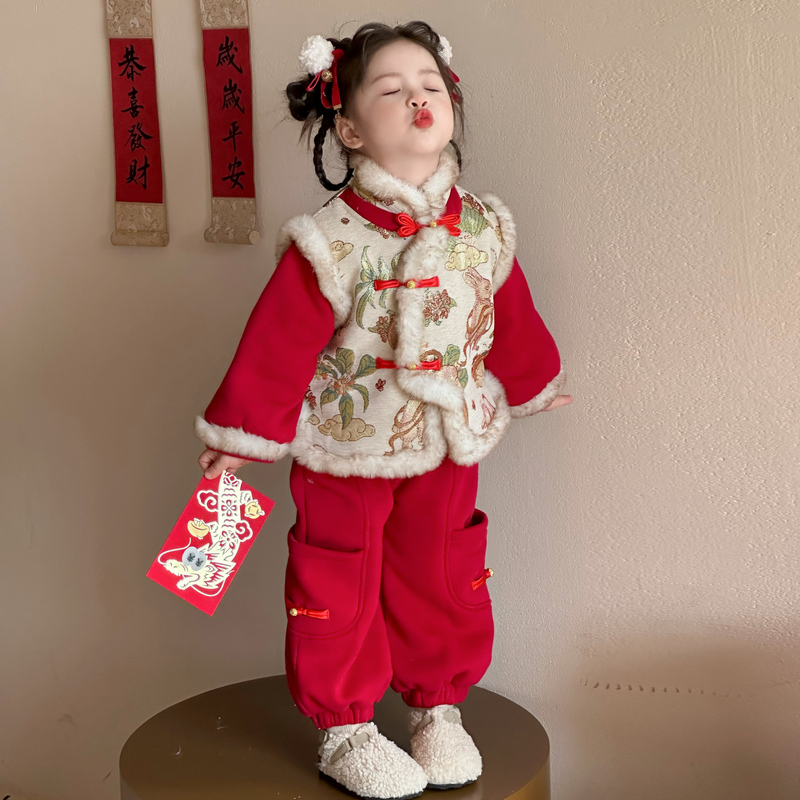 女宝过年加厚红色冬装加绒女套装唐装拜年服童装民族风厚款冬季