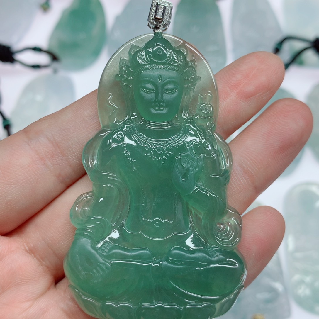 十***年翡翠18K金镶嵌挂件度母观音