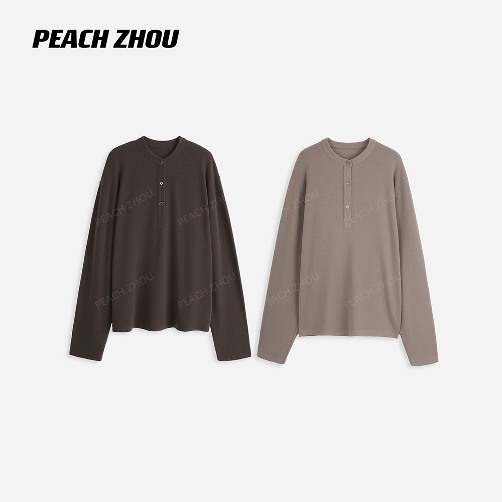 『PEACHZHOU』软糯慕斯洋绒抓毛宽松半系扣圆领长袖基础纯色打底T恤