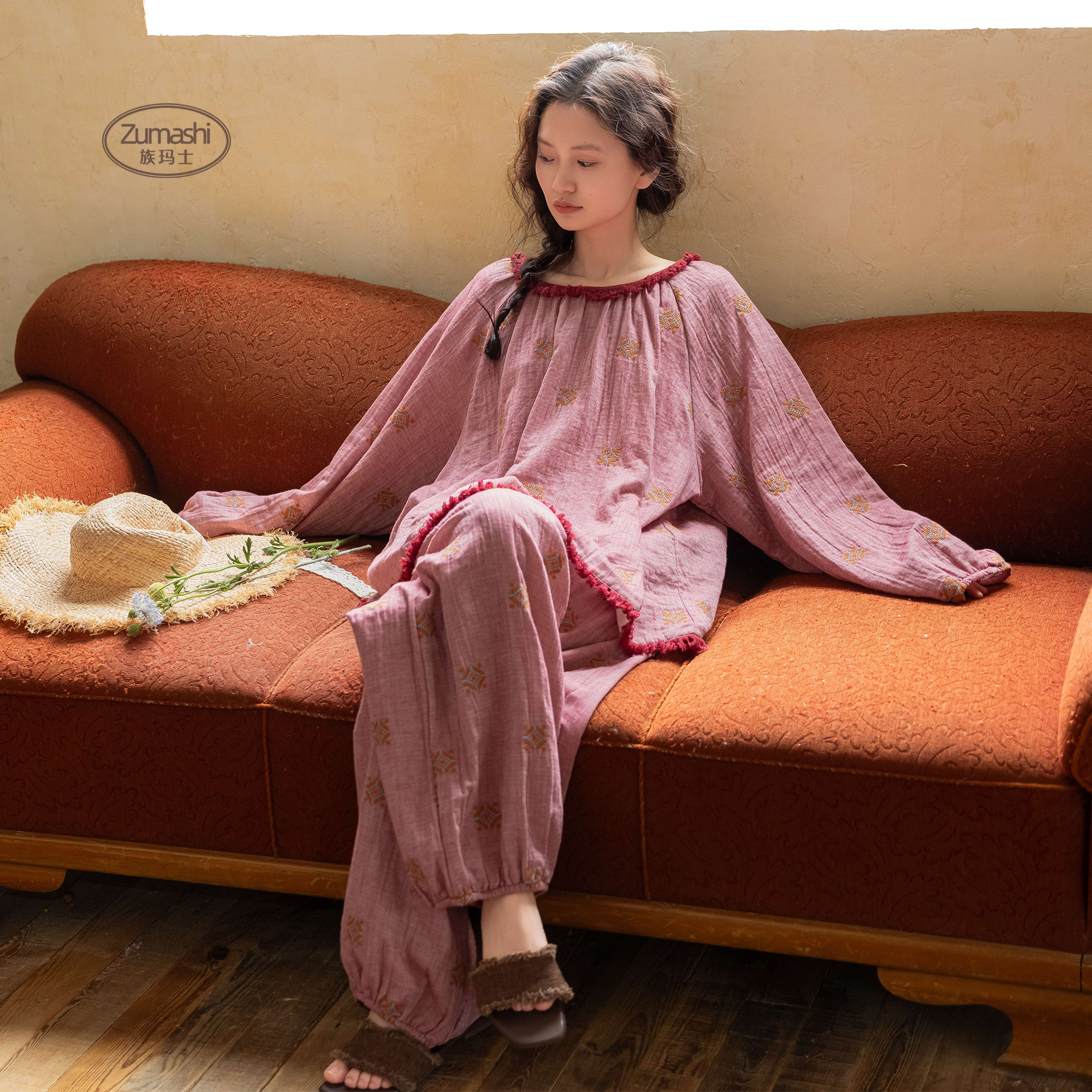 族玛士春夏季睡衣女士家居服2025年新款纯棉纱布刺绣套装大码宽松