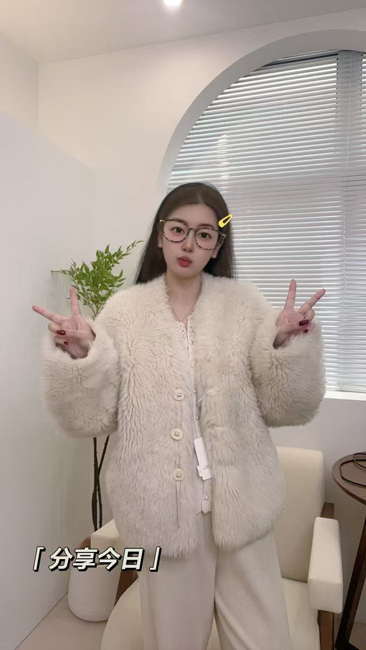 （干枯玫瑰）进口西班牙托斯卡纳卷毛皮毛一体宽松绵羊毛皮草外套女