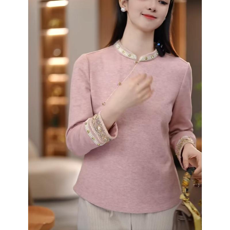国风时尚百搭秋冬立领钉珠长袖九分袖常规款百搭春秋日常气质上衣