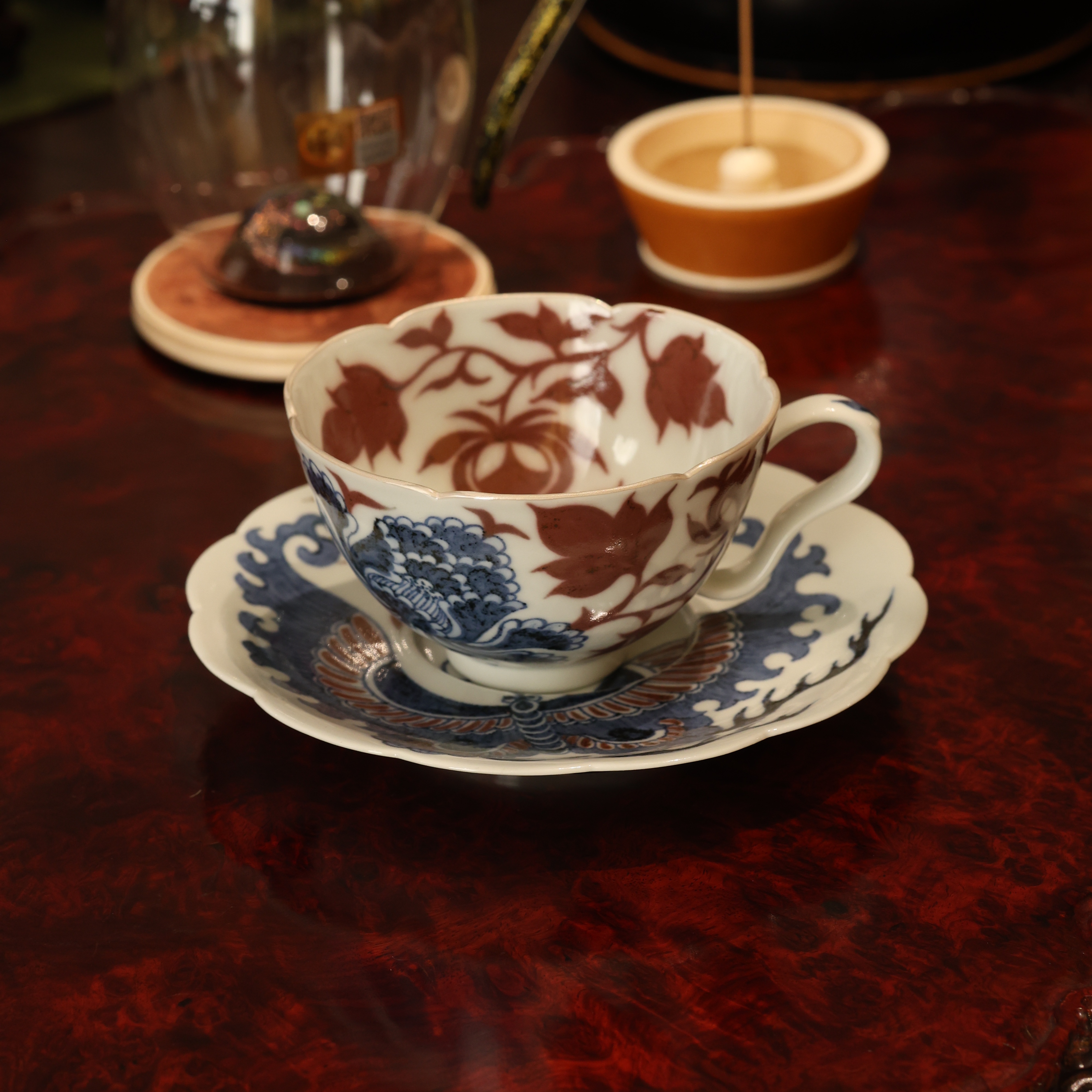 畅怀堂·青花釉里红牡丹纹两件套咖啡杯景德镇陶瓷纯手工手绘茶具