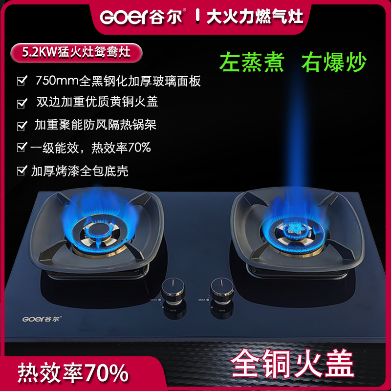 新国标热效率70%家用全铜火盖高端静音款燃气灶鸳鸯煤气灶双灶
