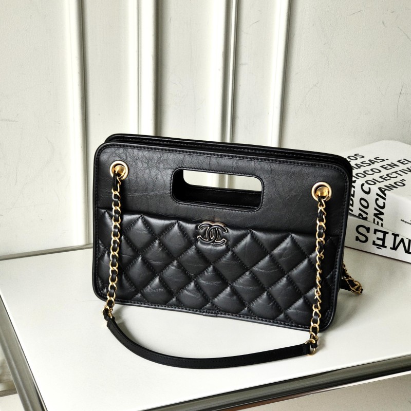 95新 Chanel/香奈儿 【24期】23S黑金褶皱小号腋下单肩公文包 52131