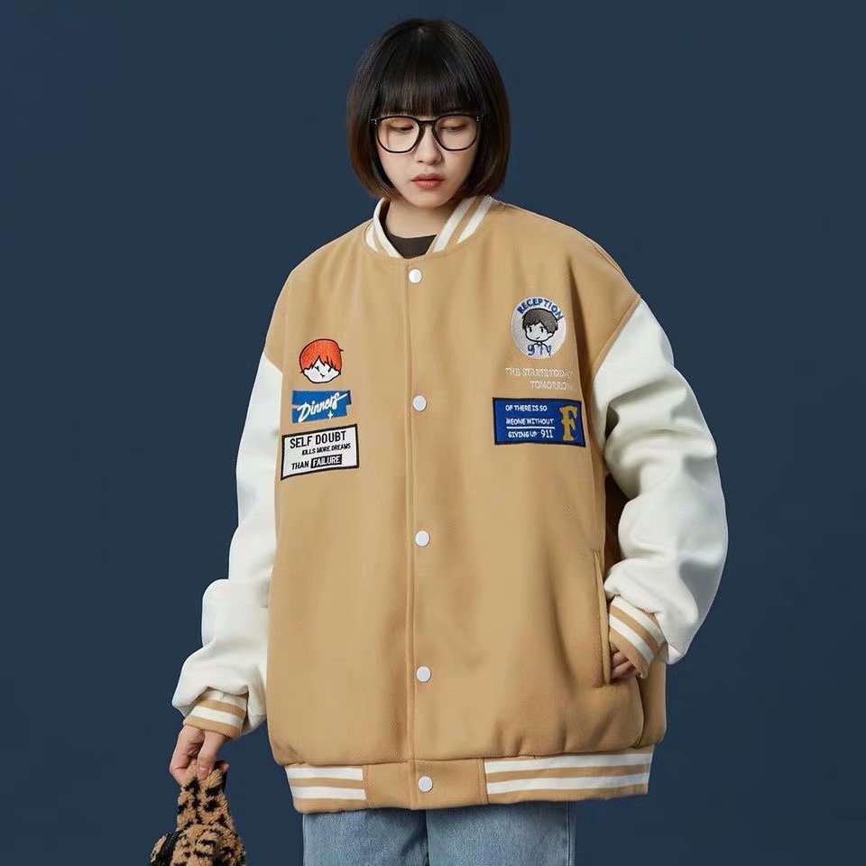 春秋季新款美式复古棒球服夹克男潮牌情侣撞色立领绣标外套