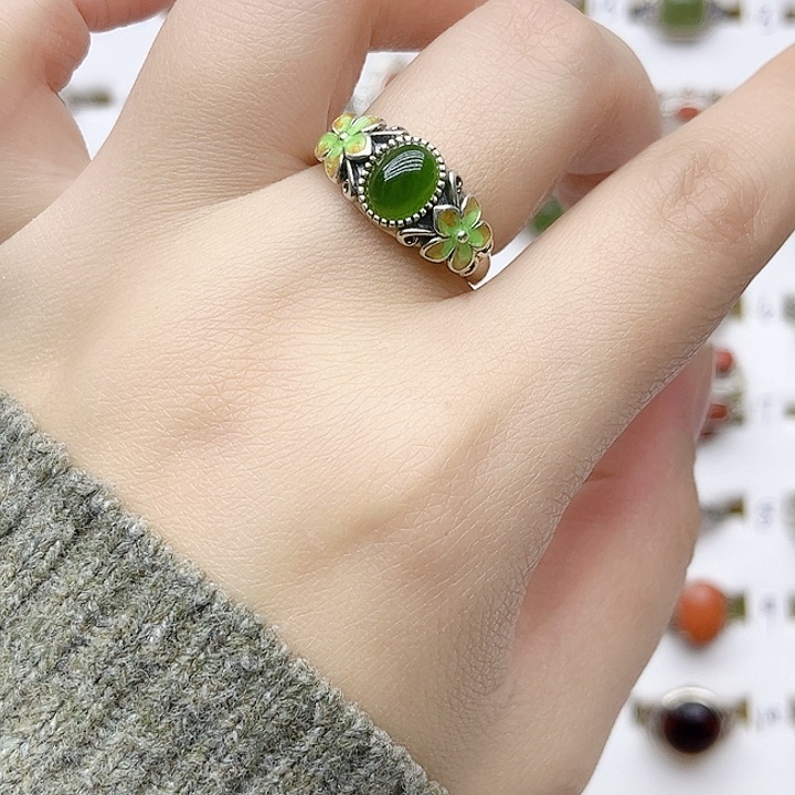 和田玉戒指银S925镶嵌天然