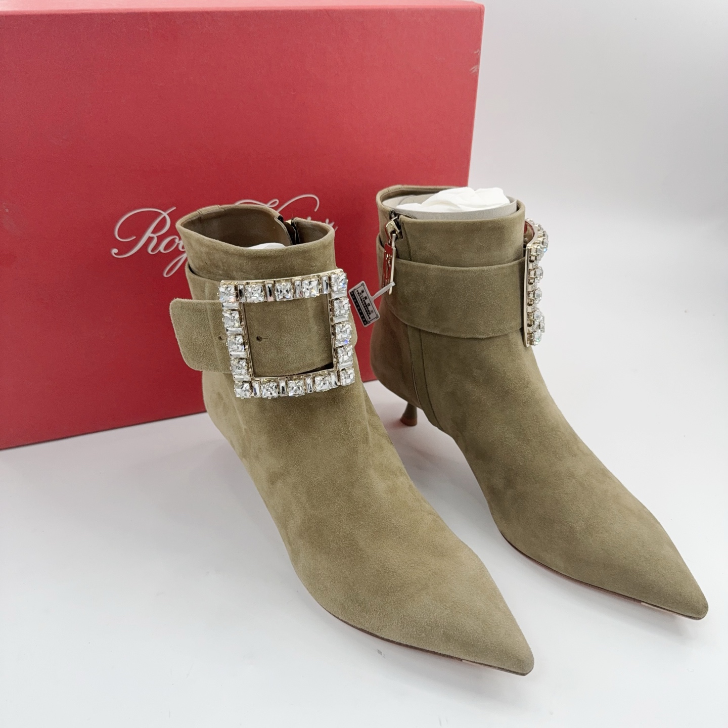 未使用 Roger Vivier/罗杰·维威耶 36/38码麂皮方钻扣尖头高跟靴