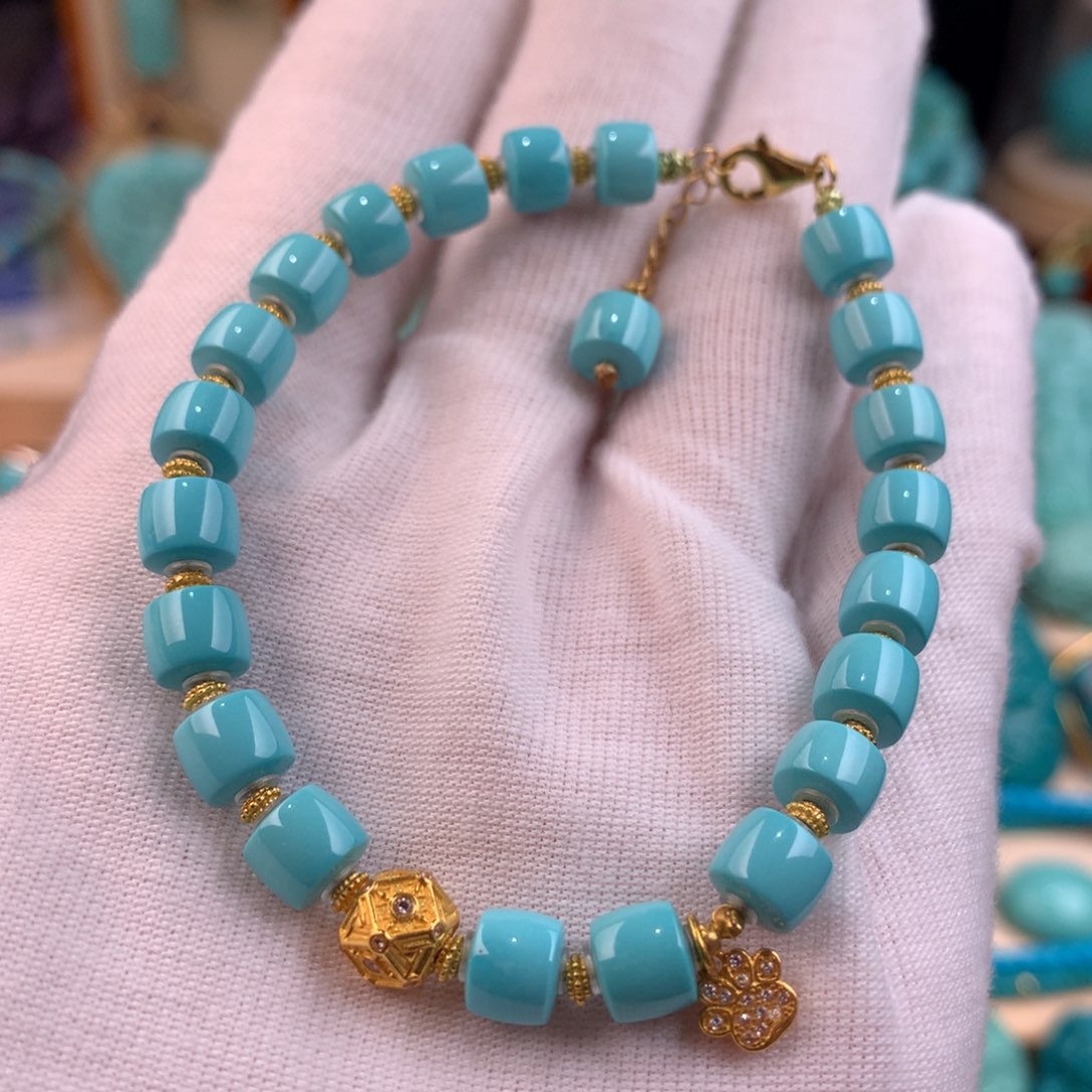 绿松石18K金镶嵌直切单圈手链卡6.5