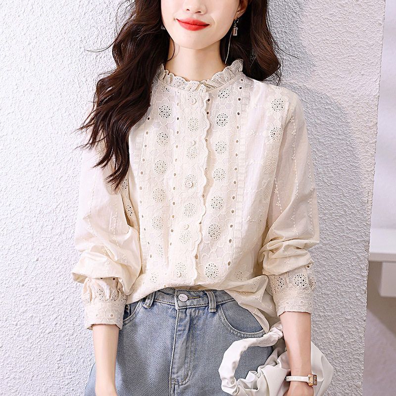 厂家直销女式衬衫2025春装新款蕾丝花边领杏色上衣长袖刺绣花衬