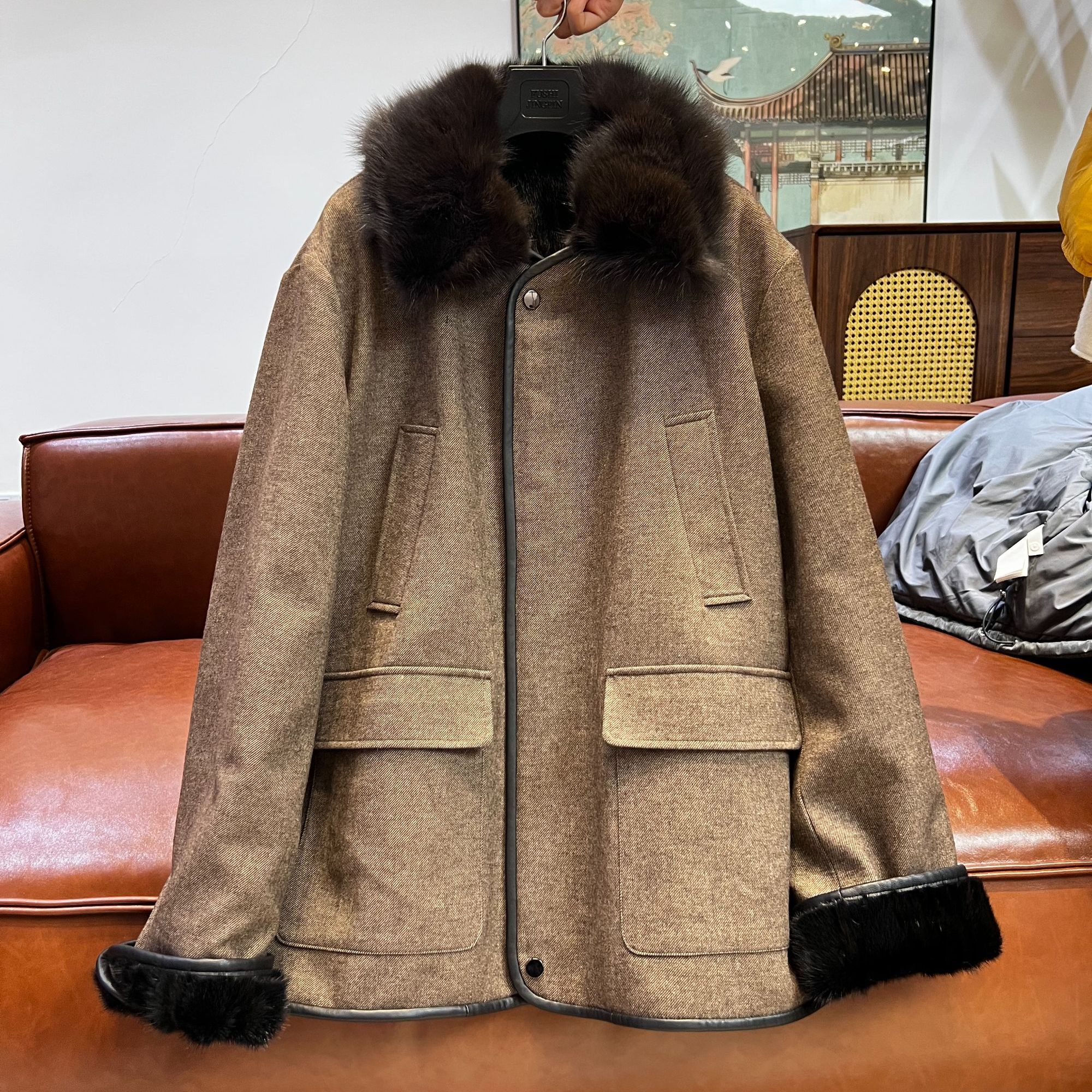 紫貂毛翻领貂皮大衣驼绒两面穿大码绵羊毛中长款皮草外套25036