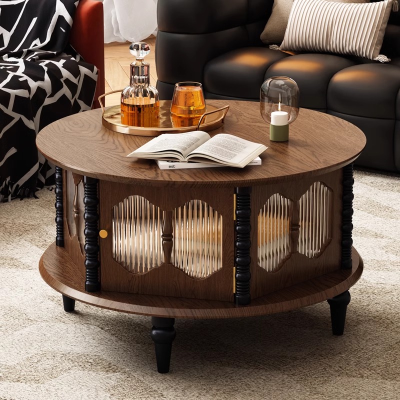 法式复古实木圆形茶几客厅茶台小户型家用茶几茶桌边几轻奢家具