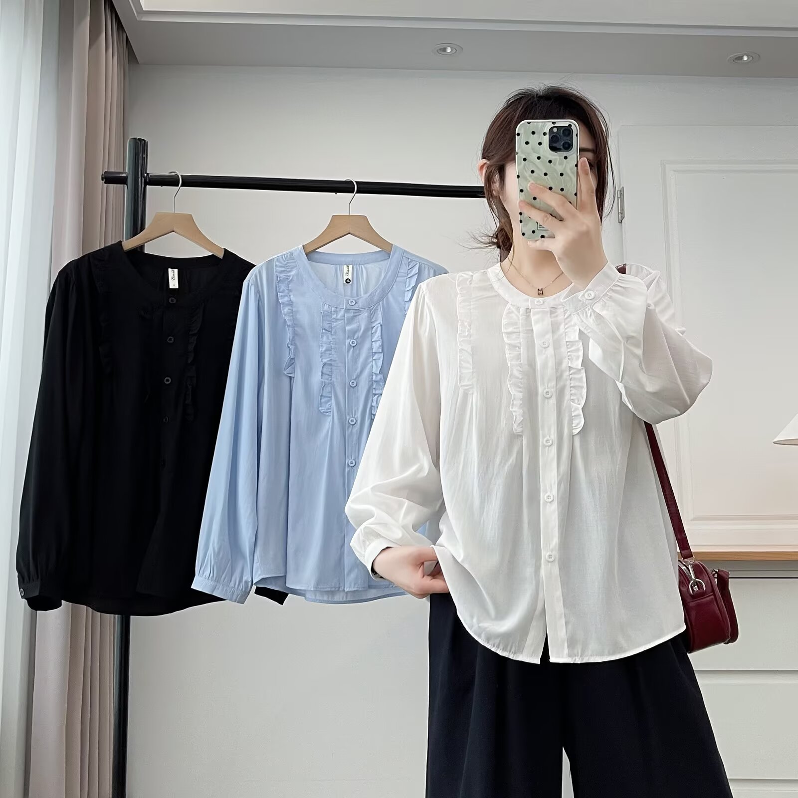奢怡雅欣宇大码洋气显瘦花边圆领秋季休闲长袖百搭衬衫女#言2505