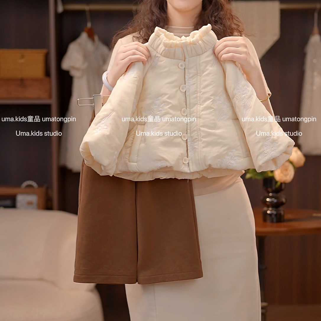 刺绣绗缝圆领棉服套装秋冬宽松常规款百搭风韩版立领女童保暖