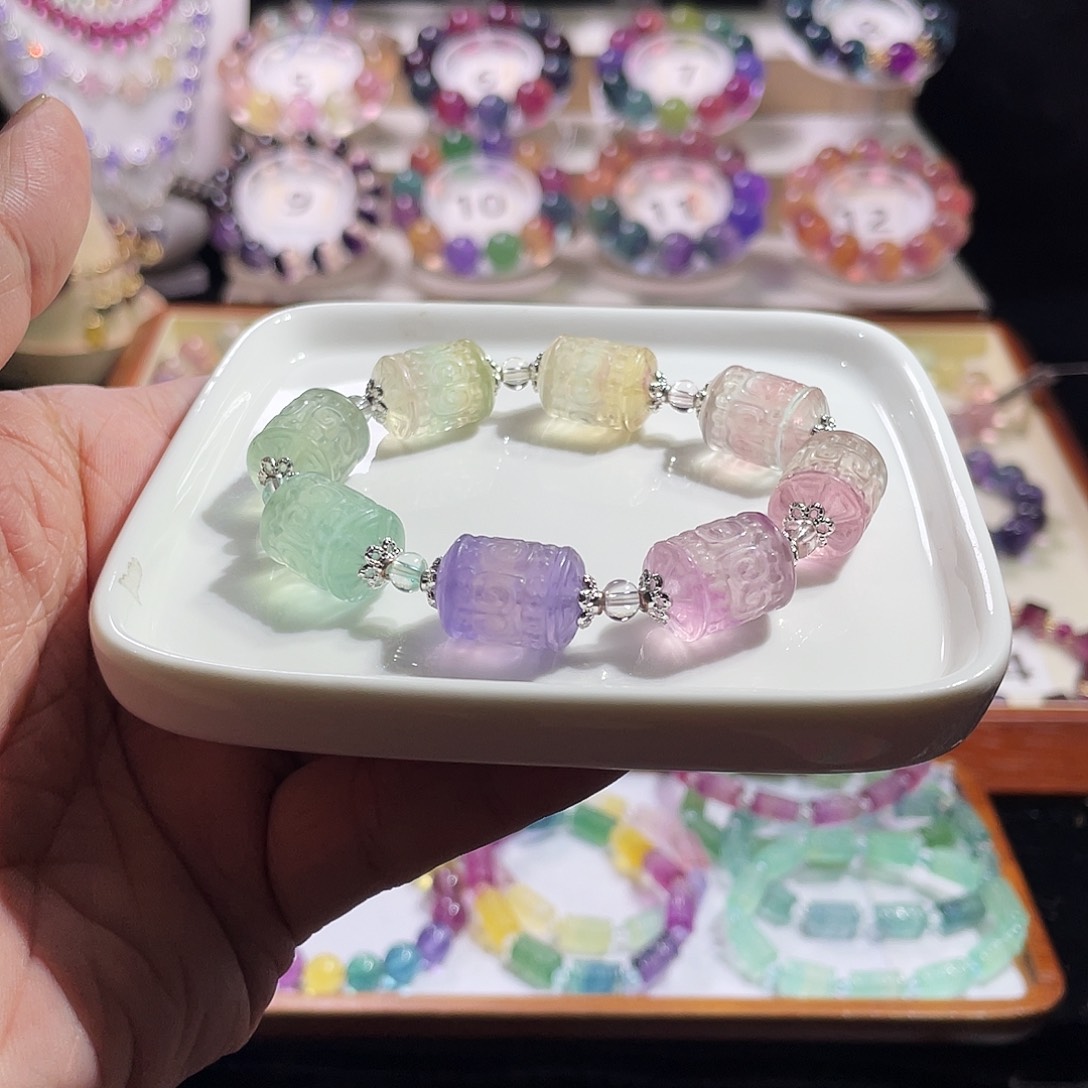 手链合金萤石12mm马卡龙回纹桶珠