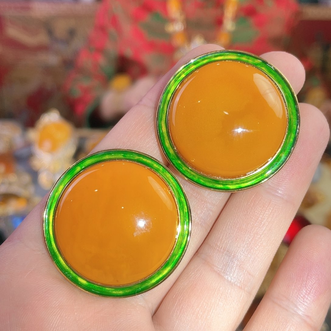 蜜蜡耳钉银S925镀金镶嵌