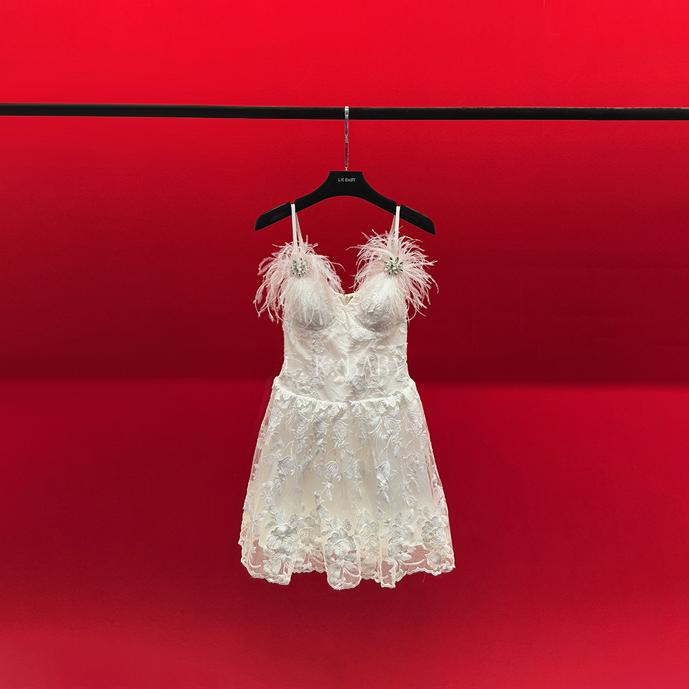 【L.K.BABY】天鹅羽翼 名媛千金纯欲提花羽毛高定礼服连衣裙3170