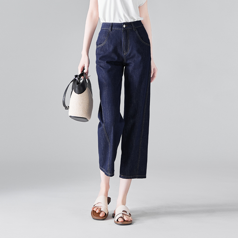 索菲丝尔夏季纯棉九分直筒牛仔裤时尚百搭高腰显瘦宽松女裤522050