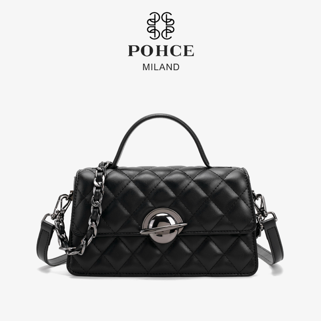 POHCE品牌正品黑金港风森系单肩斜挎女士包纯色菱格手提包25661
