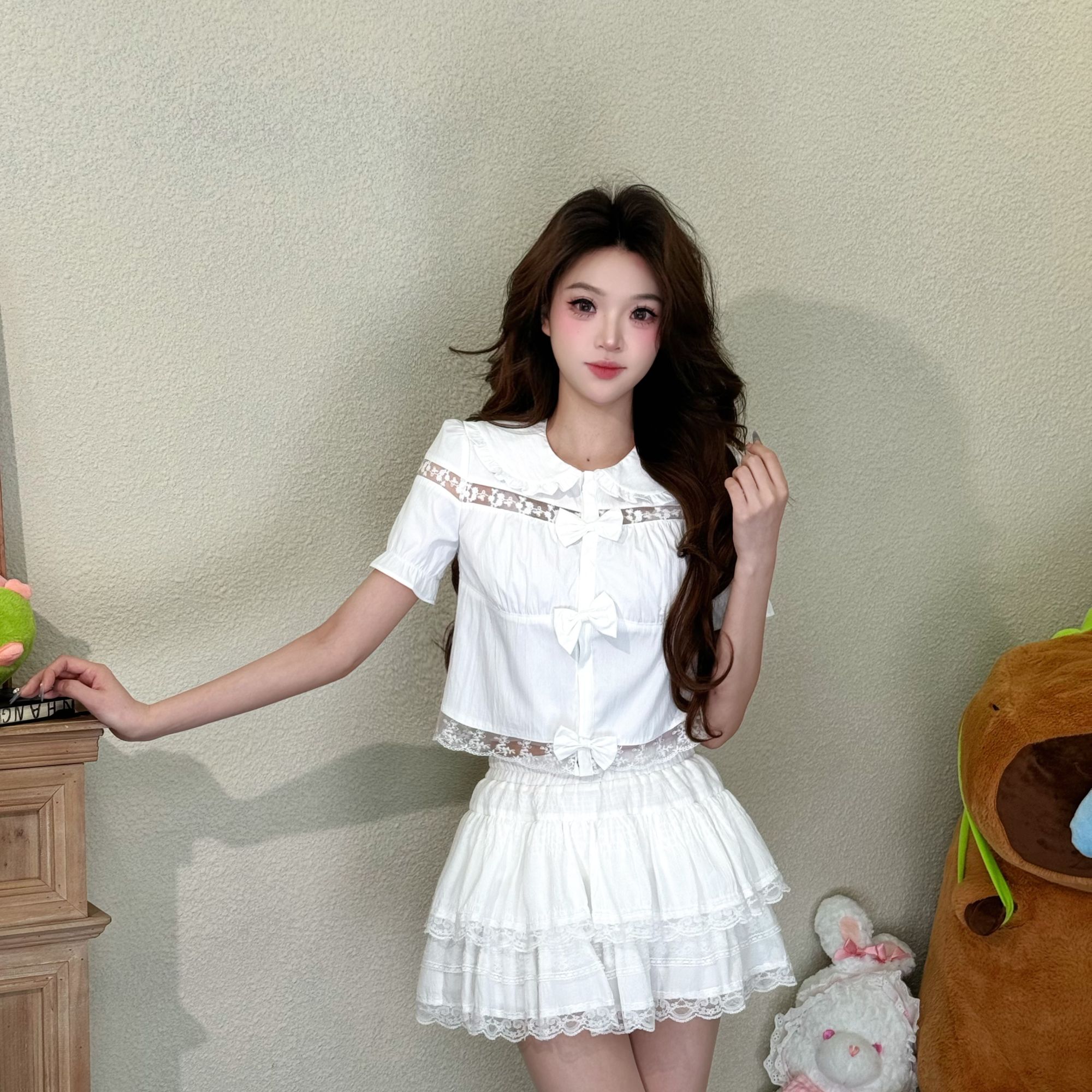 2025春夏新款蝴蝶结蕾丝娃娃领花边衬衫上衣