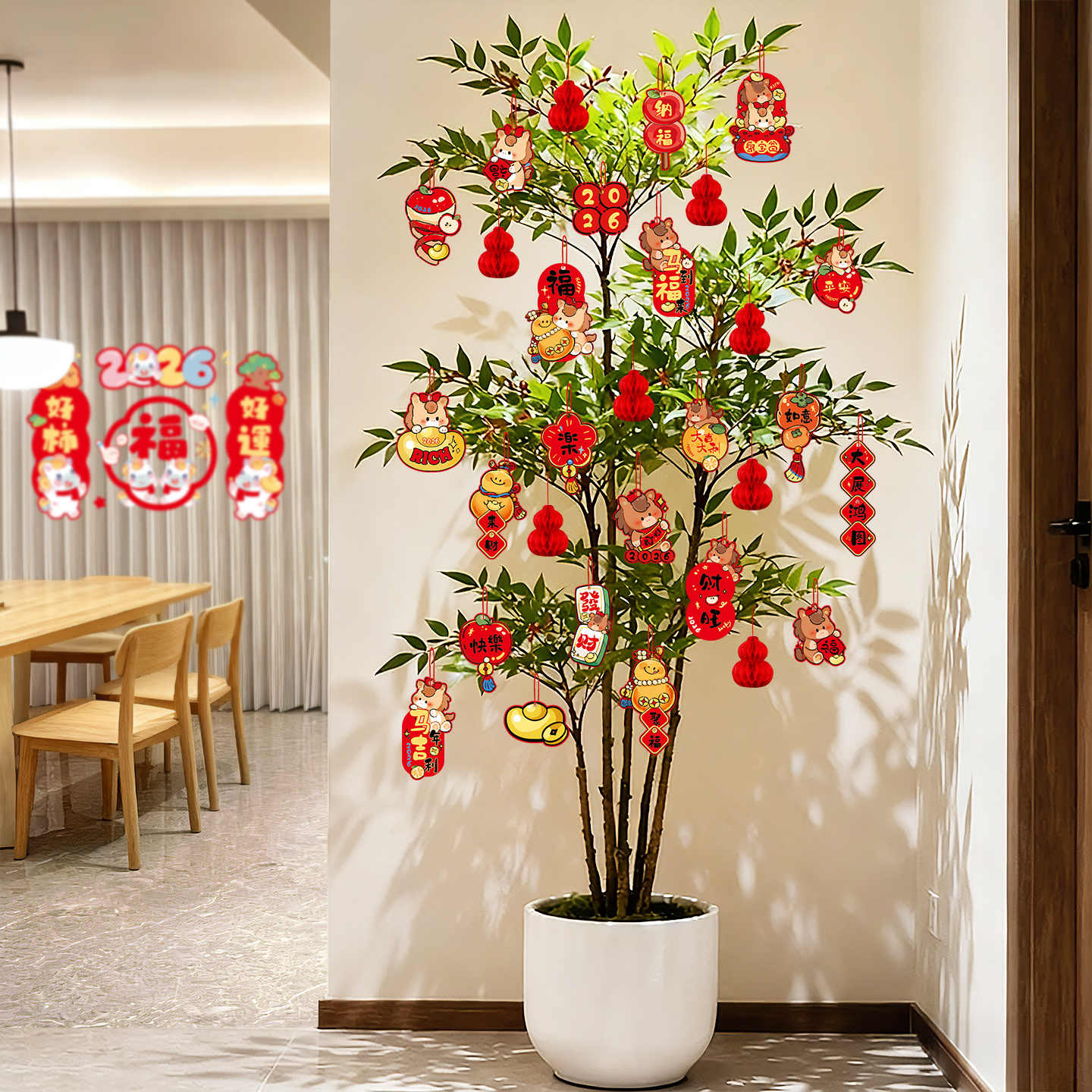 春节布置客厅盆栽盆景福桶新年用品马年过年挂件装饰挂饰吊卡批发