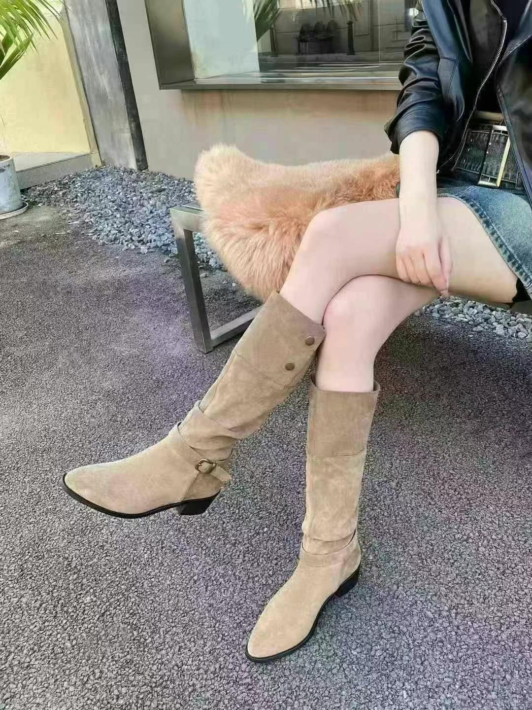 2024冬尖头绒面高筒靴瘦瘦靴堆堆靴骑士靴弹力靴加绒女靴子