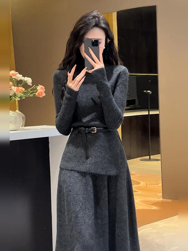 秋冬季韩系穿搭一整套针织毛衣连衣裙子女2025新款高级感套装长裙