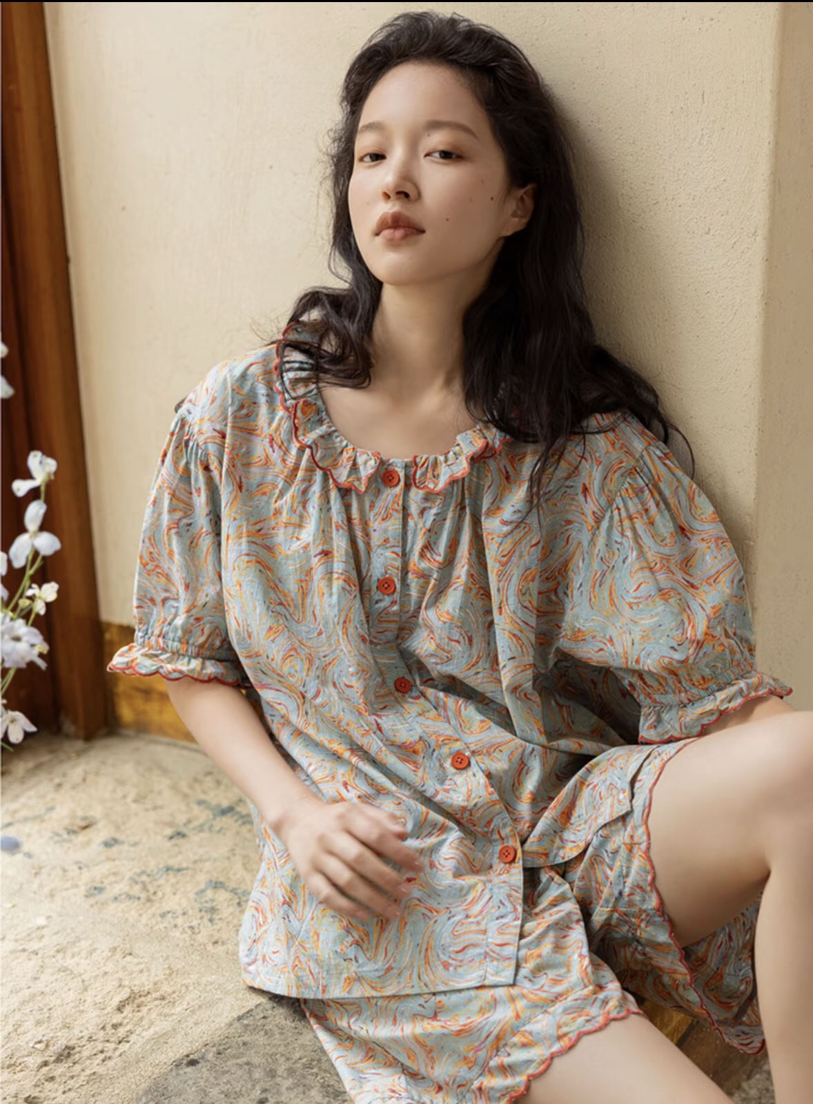 夏季女士纯棉短袖短裤碎花复古宽松休闲家居服