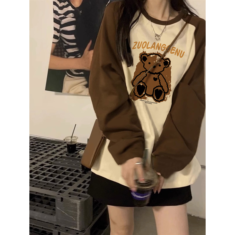 插肩袖棕色可爱小熊印花拼接款打底衫宽松百搭圆领长袖T恤上衣ins