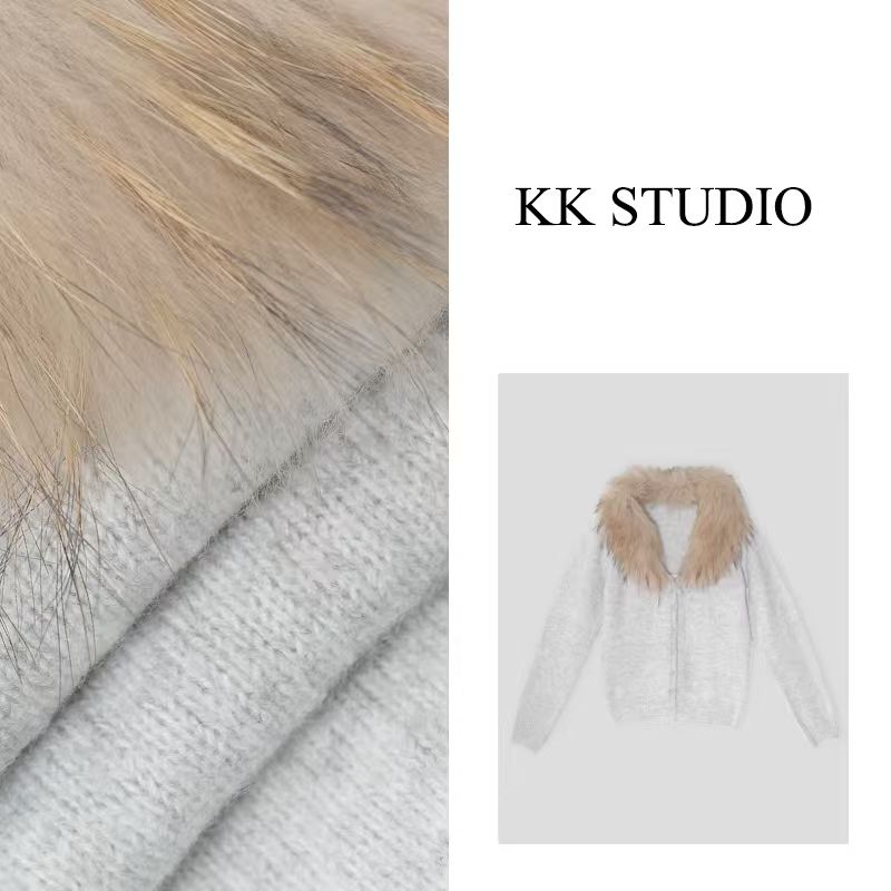 淇淇KK Studio秋冬新款可拆卸毛领针织慵懒风毛衣开衫9659