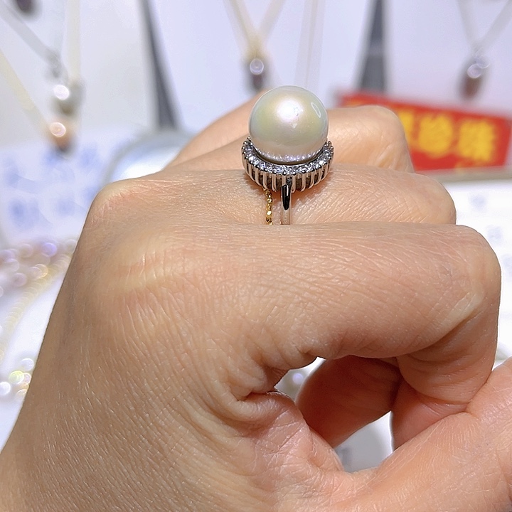 淡水珍珠白珠银色太阳花戒指未镶嵌