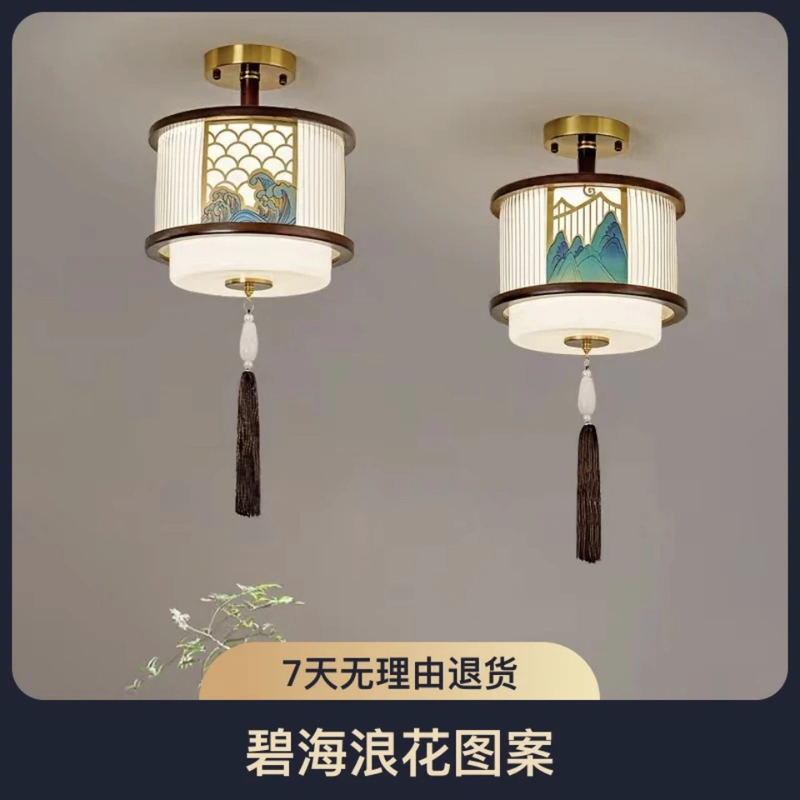 铜加木简约新中式吸顶灯过道灯中国风LED圆形玄关灯入户阳台灯具