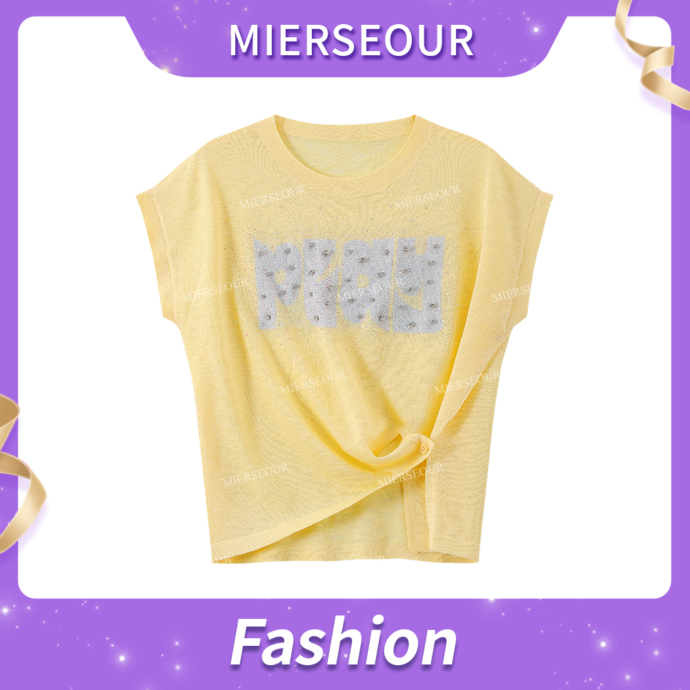 【晨露】糖果色字母钉珠设计针织短袖5206-