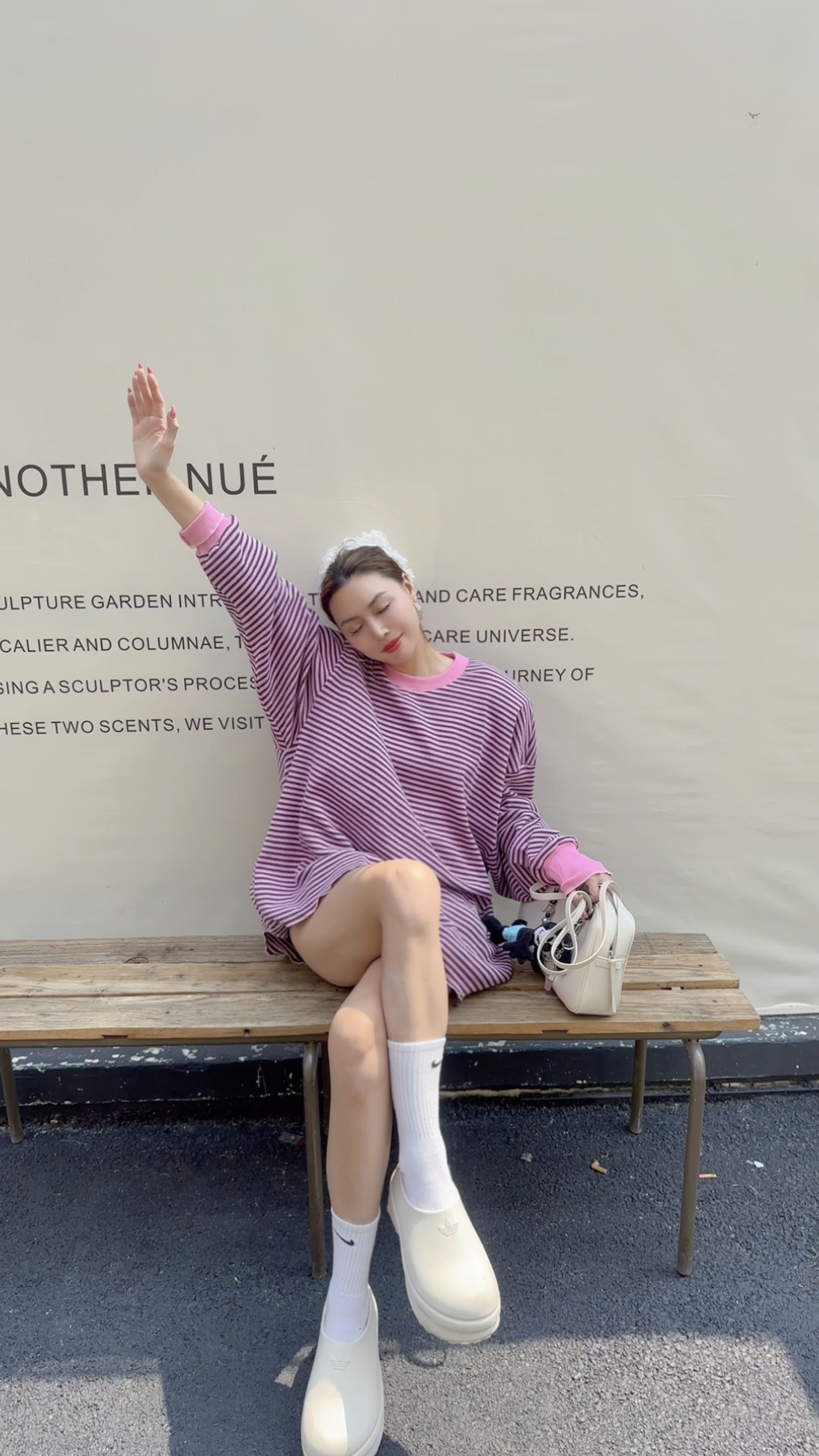 东大门春夏条纹潮流套装圆领卫衣短裤卫裤两件套