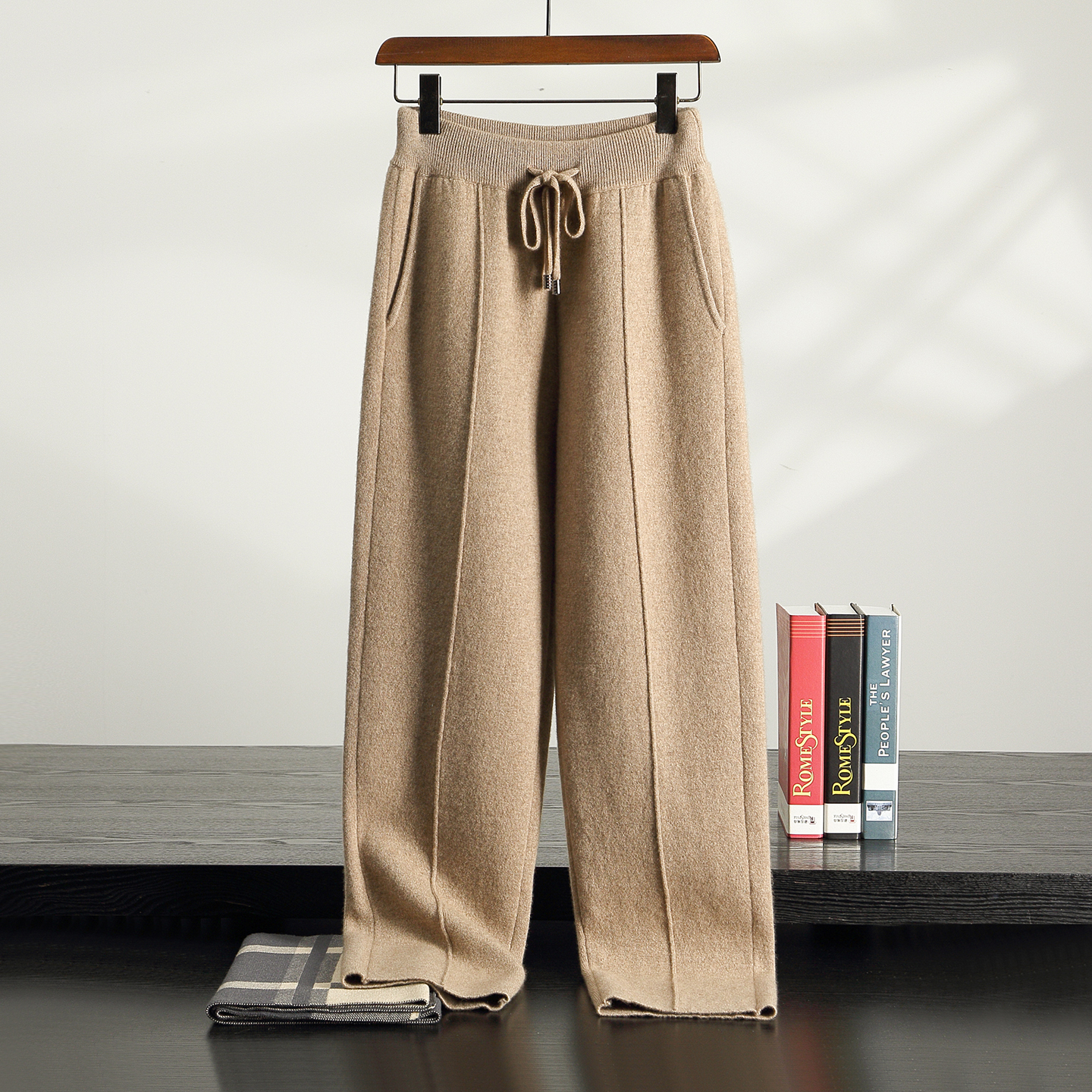 100%纯山羊绒男士空气层加厚带兜休闲裤高腰直筒裤096