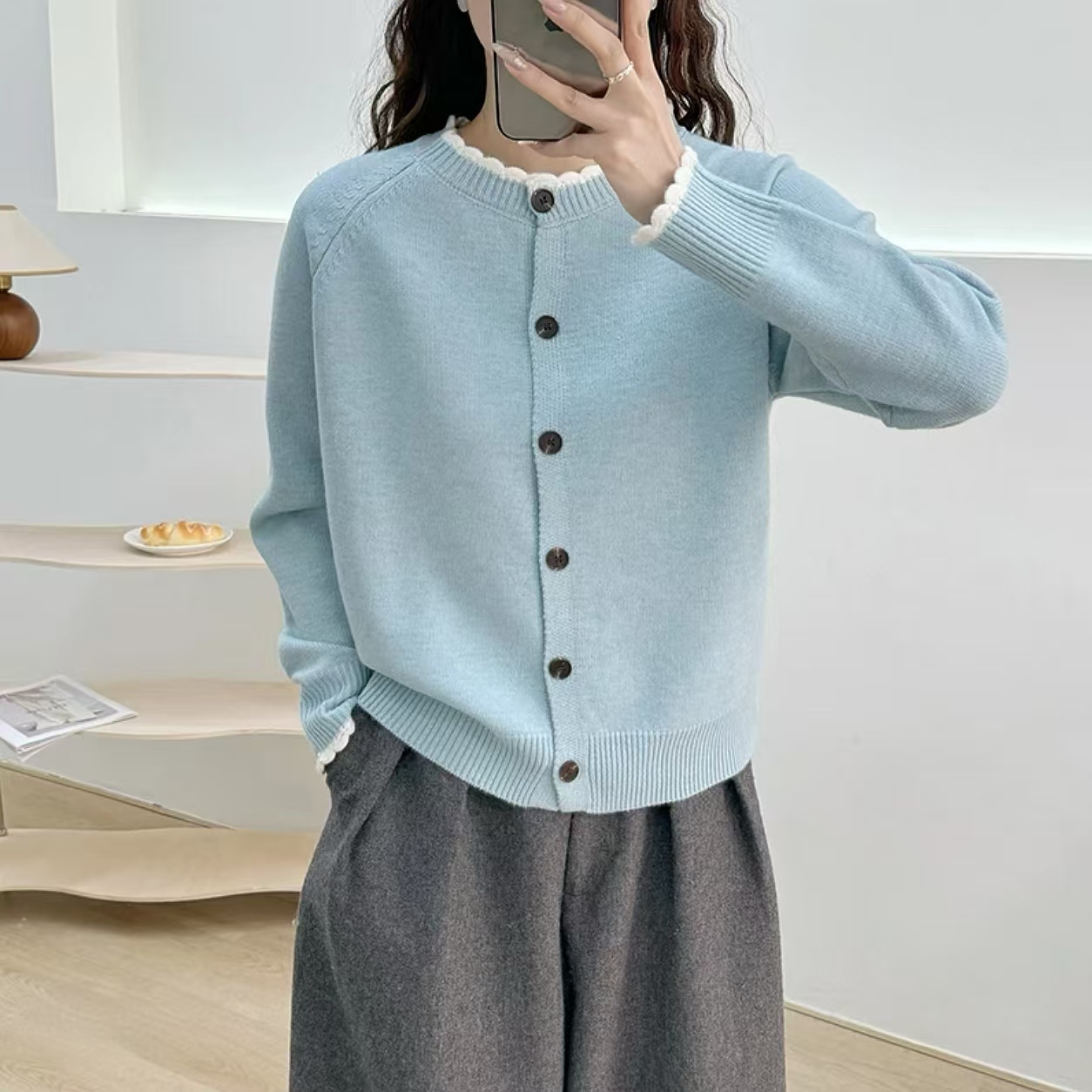 拼色花边领韩系毛衣开衫宽松长袖针织衫显瘦上衣女时尚外套