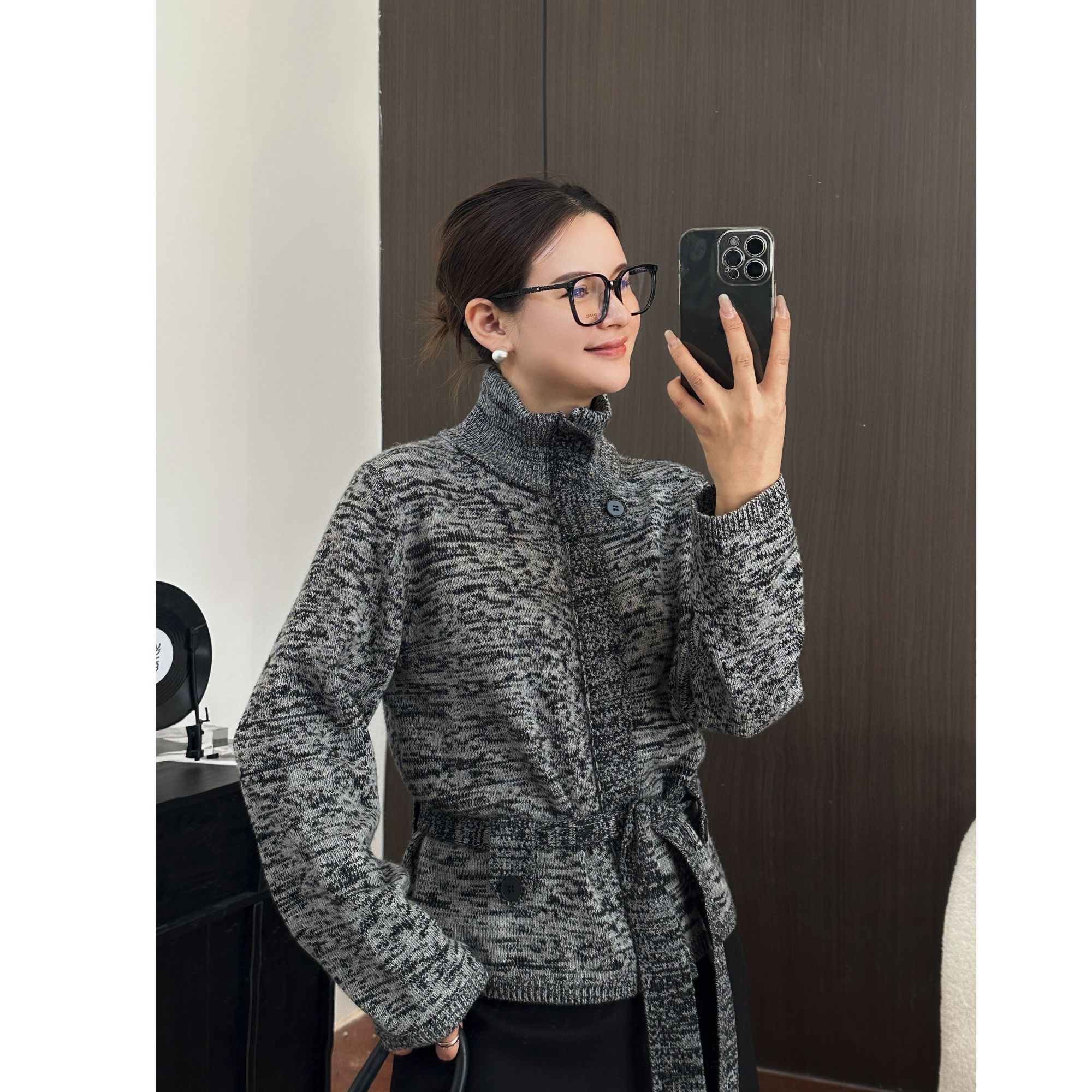 JIAO.AO 极简花纱混色双拉链设计带腰带羊毛外套Y8909