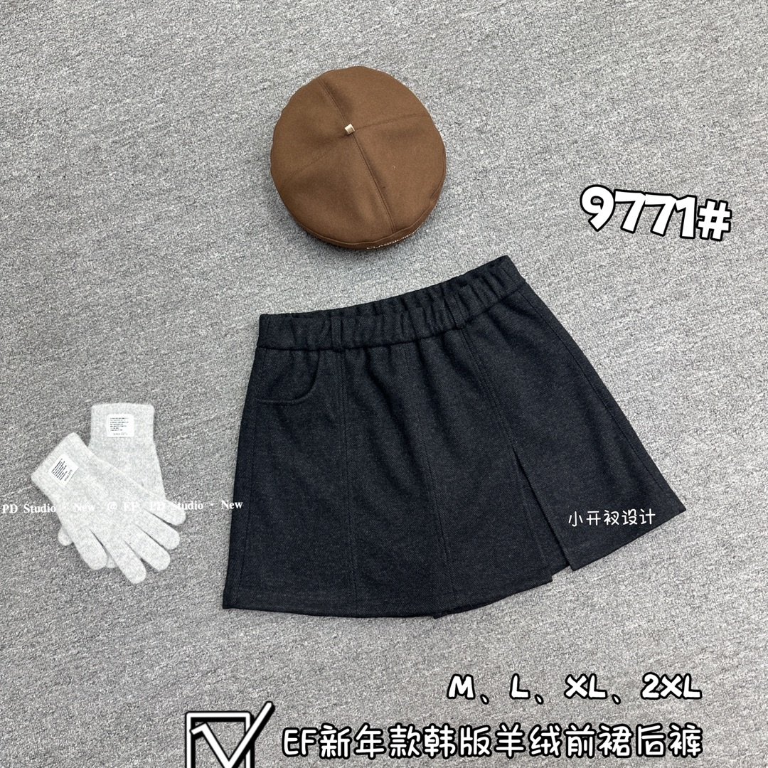 9771冬季韩系高腰显瘦百搭木羊绒呢A字前裙后裤短裙