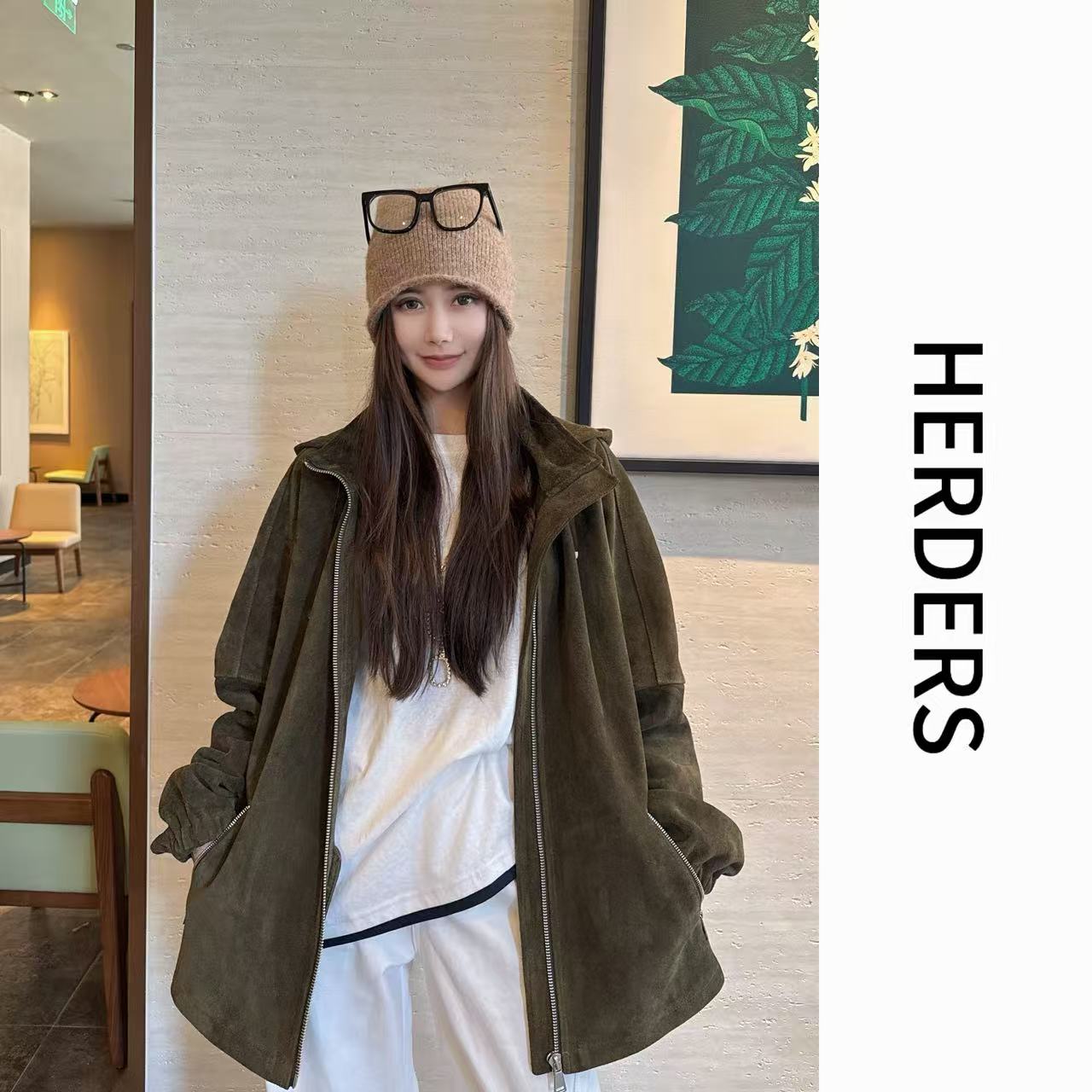 HERDERS 短款连帽拉链款皮衣外套 52126
