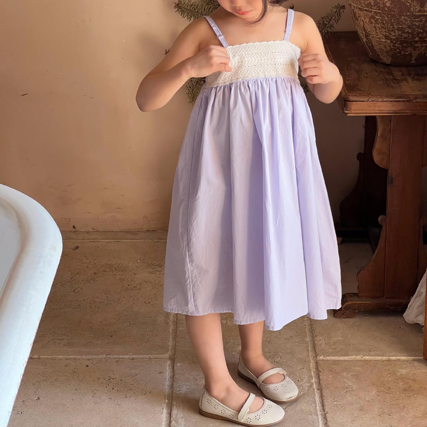 尖子蛋韩系童装2024夏季新款女童连衣裙抹胸紫色花边吊带裙棉布裙