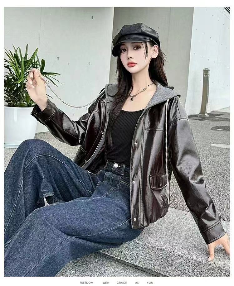 【伊斯丽】008  2025新款高级春秋款针织连帽皮衣外套8823