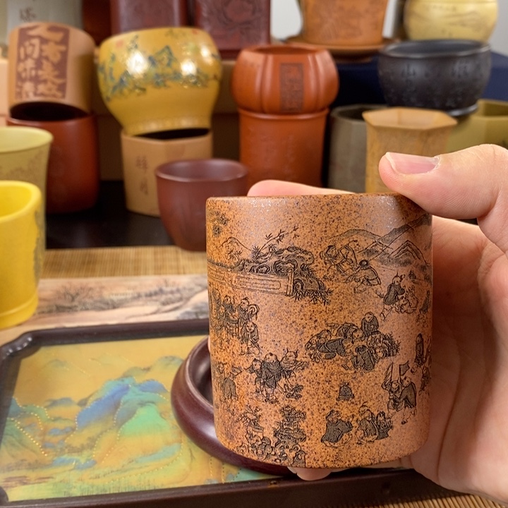 紫砂茶杯百子纳福主人杯