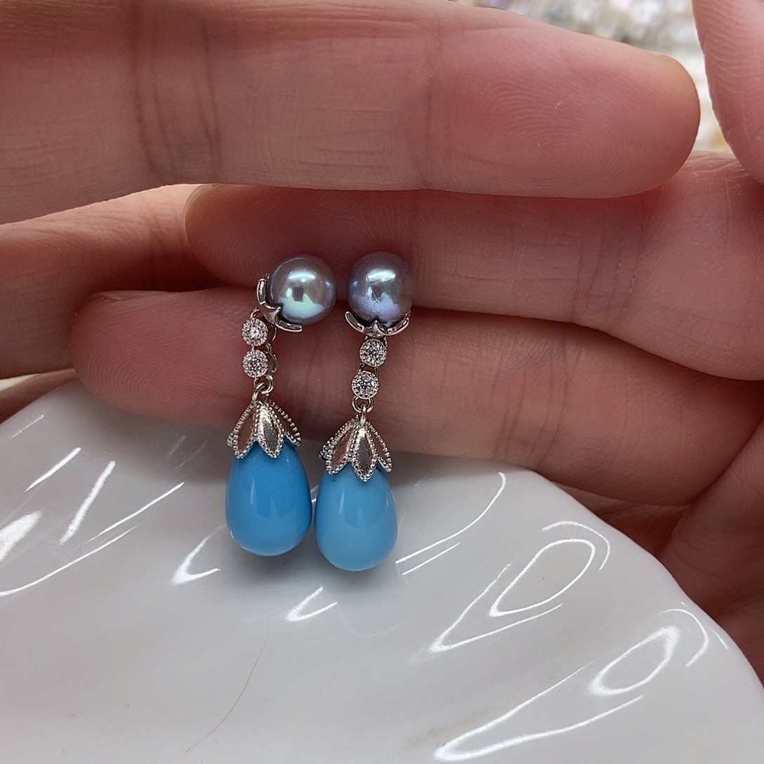 海水珍珠银S925镶嵌耳饰