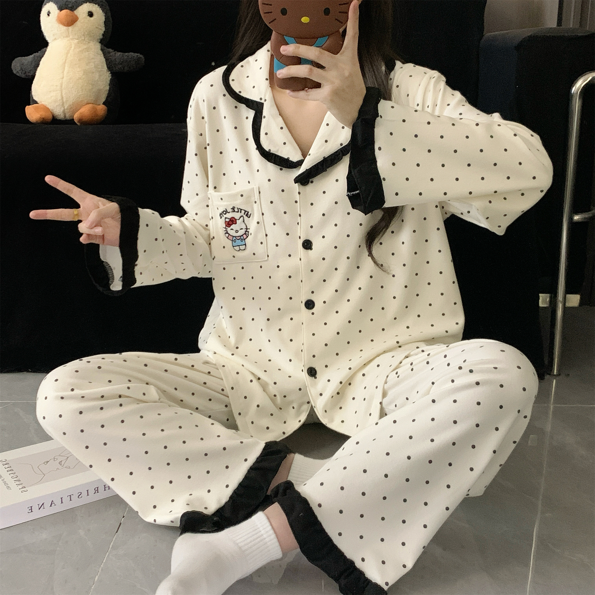 【德绒集合】波点KT猫花边甜美日系秋冬长袖睡衣女磨毛感宽松家居服