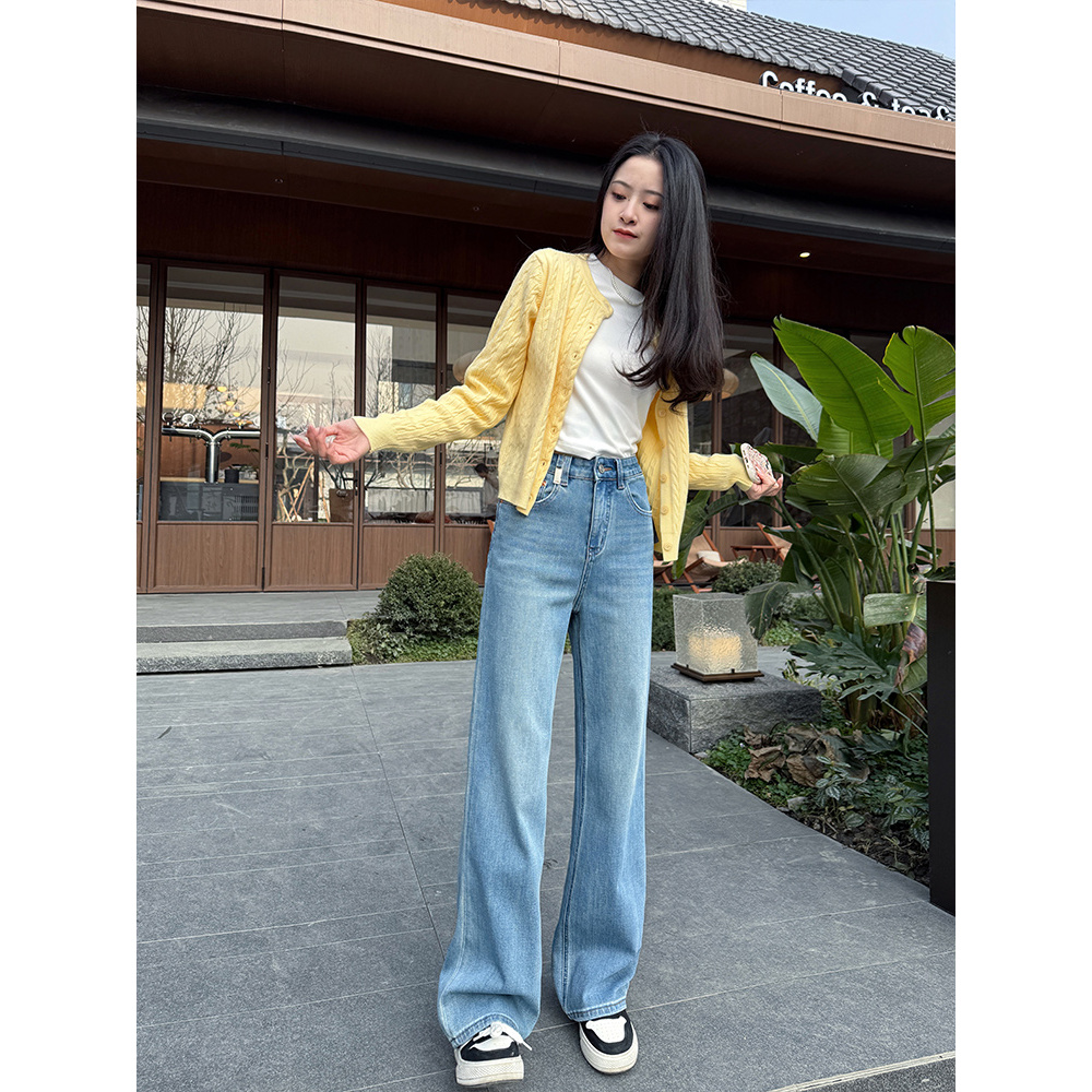默认瑕疵加绒牛仔裤女显瘦休闲时尚百搭宽松复古春秋阔腿冬季