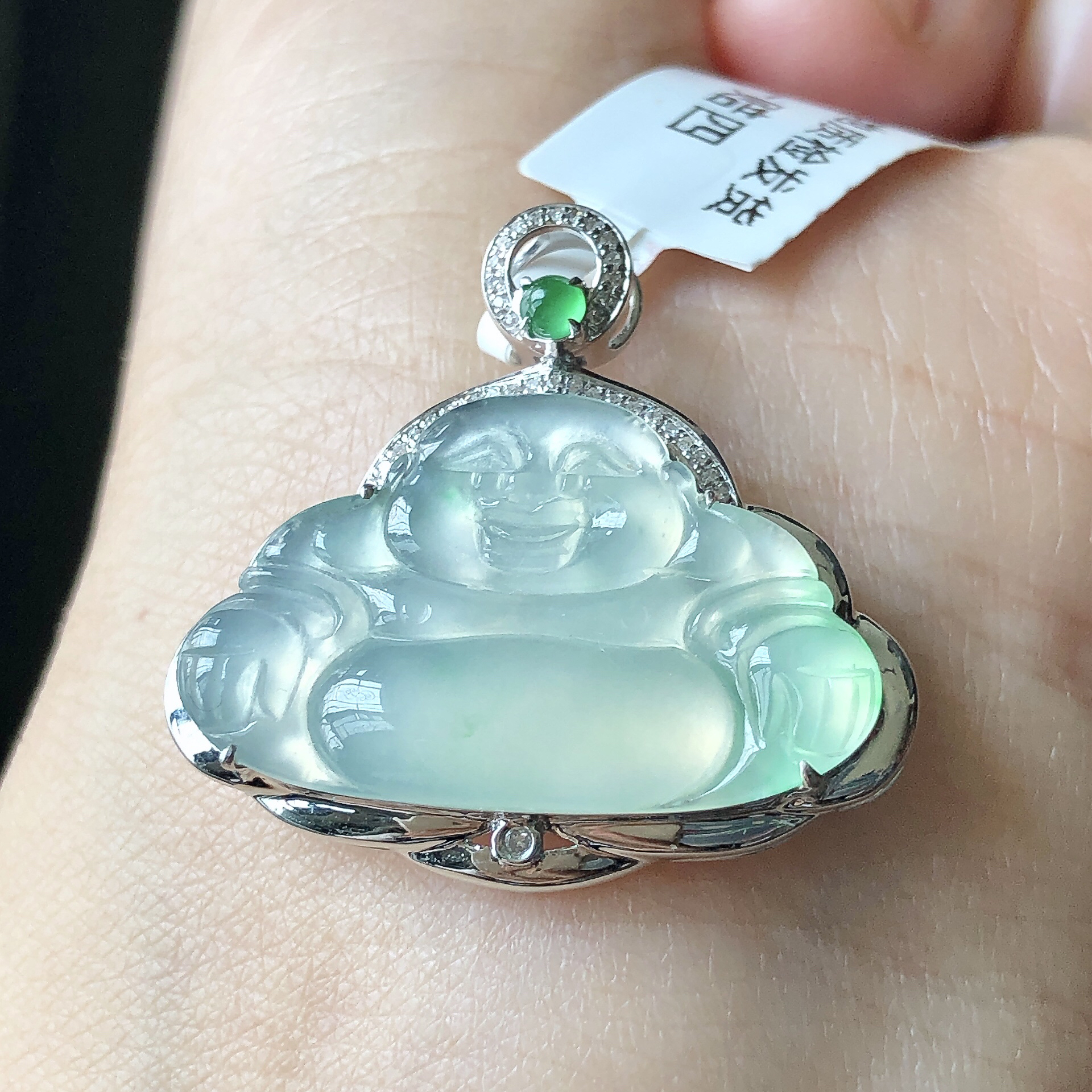 缅甸天然A货翡翠18k金镶嵌老坑高冰种绿佛公吊坠尺寸28/26.5/6.8