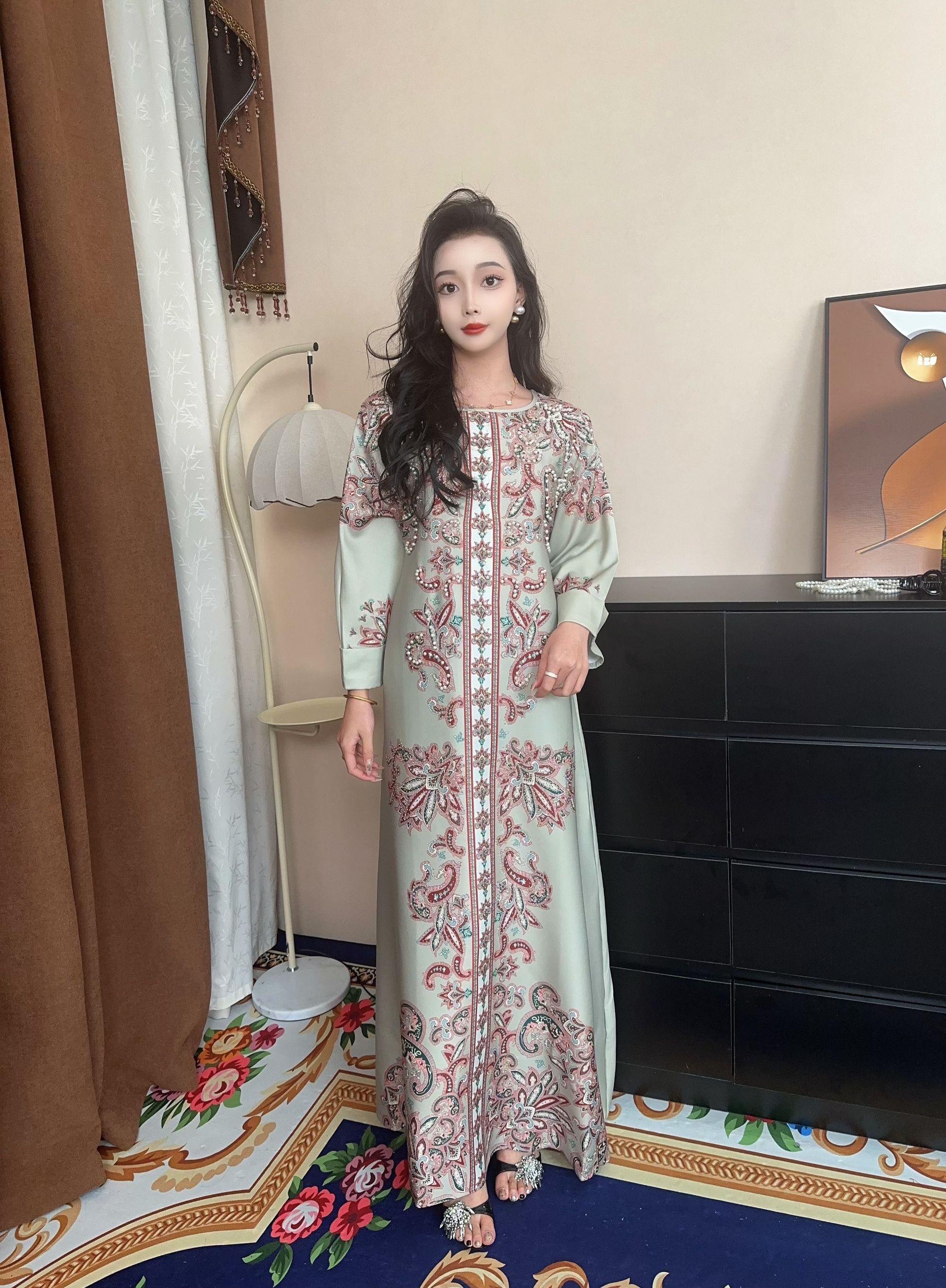 【君哥】迪拜中东清冷系禅意衣服女优雅手缝钉珠长款连衣裙030