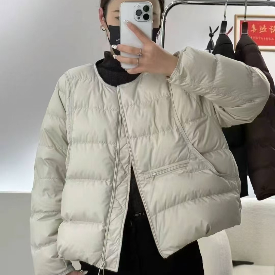 羽绒服女2025冬季新款简约复古风包边圆领轻薄短款白鹅绒宽松外套